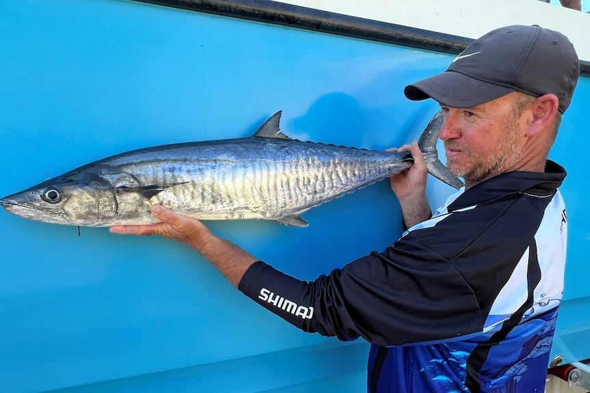 A man in a cap holding a large fish against a blue wall