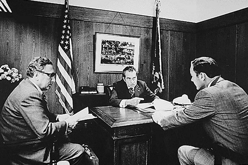 Richard Nixon, Alexander Haig and Henry Kissinger at Camp David