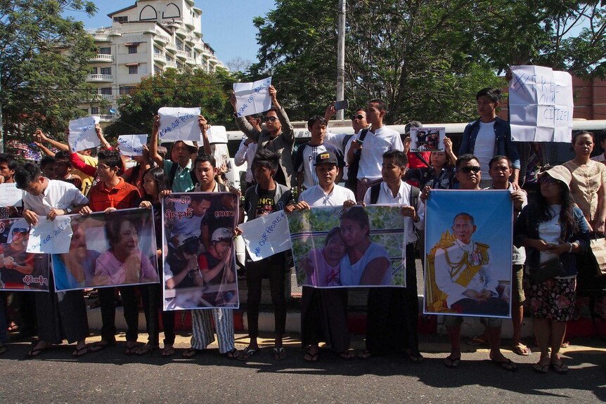 Demonstrators outside the Thai embassy in Yangon protested the sentencing to death of two Myanmar migrant workers.