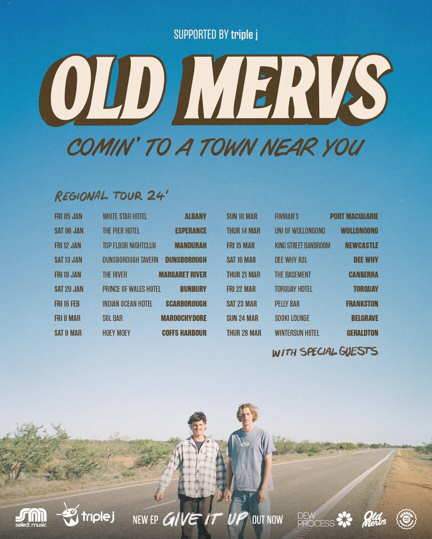 Tour poster for Old Mervs shows a photo of the two men on a desert road with a big blue sky and the tour dates in brown text
