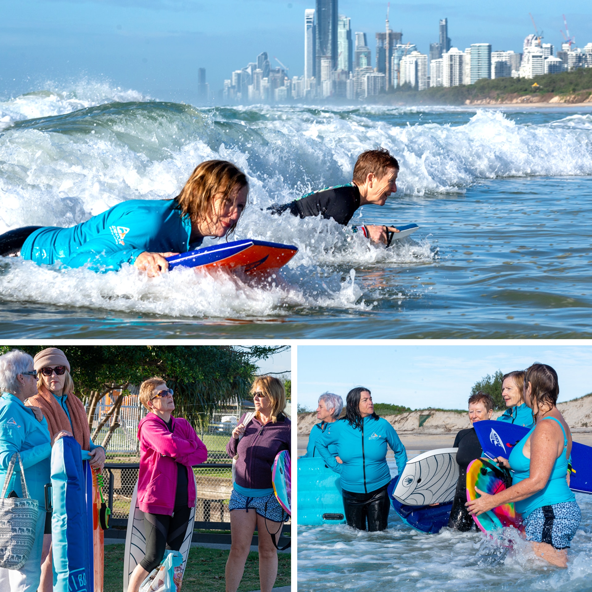 A collage of pics of older women surfing at the beach.