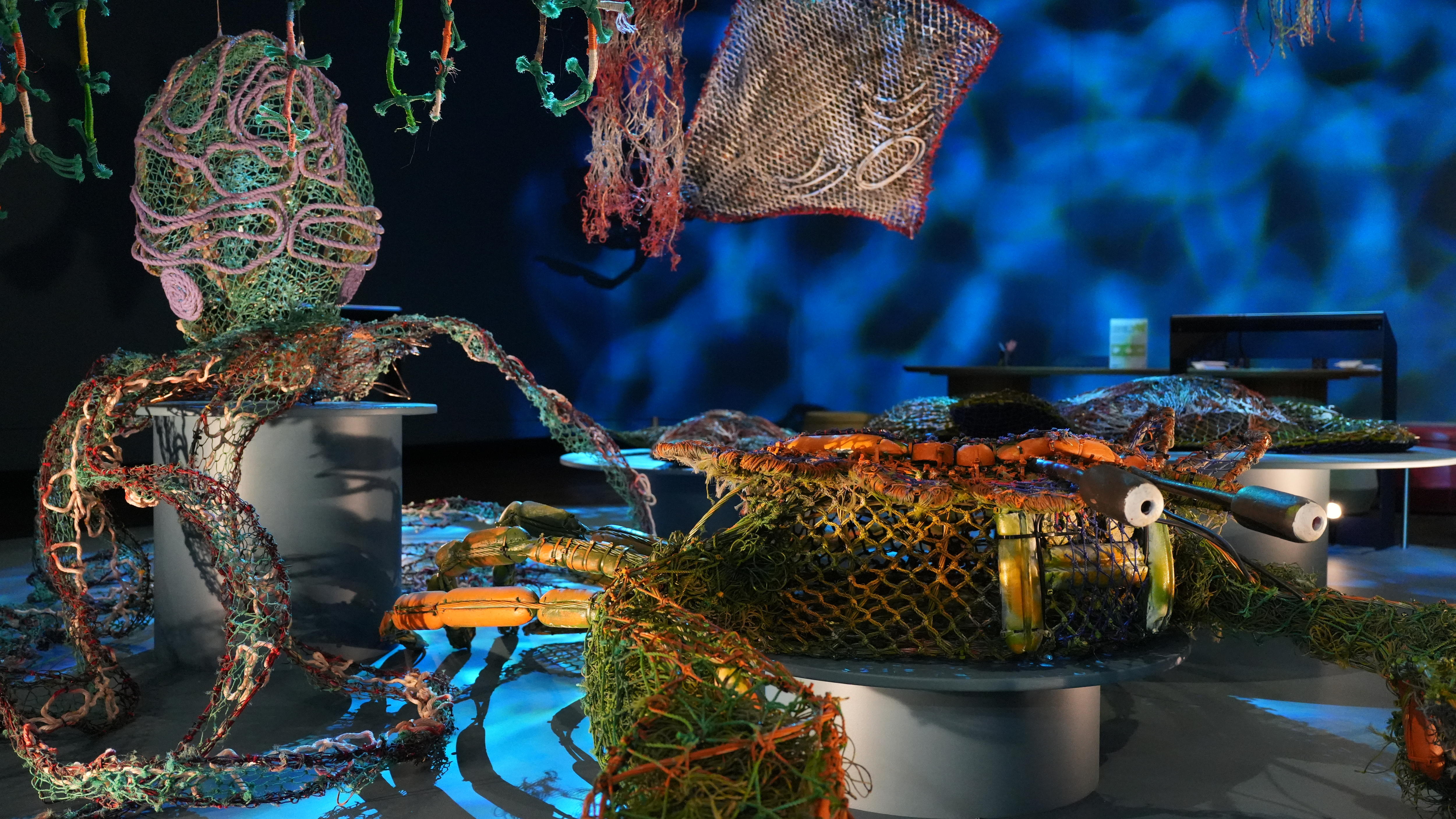Crab and octopus sculptures made from ghost nets.