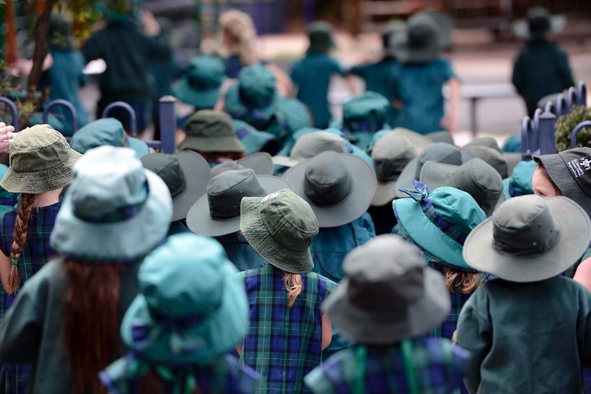 Primary school students can be seen from behind, walking to school with their uniforms and hats on.