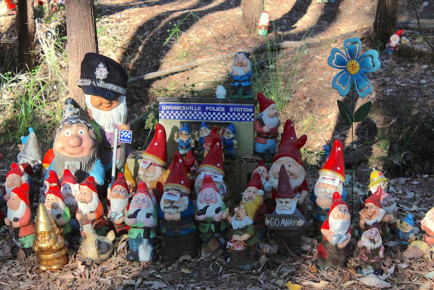 Several dozen gnomes at the Gnomesville Police Station.