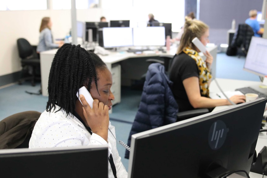 A woman at a desk takes a phone call and looks at a computer monitor.