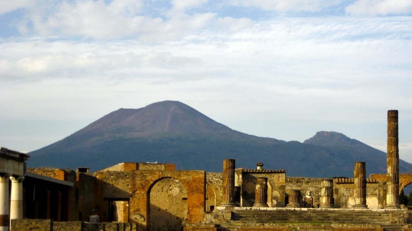 Mt Vesuvius towers over Pompeii