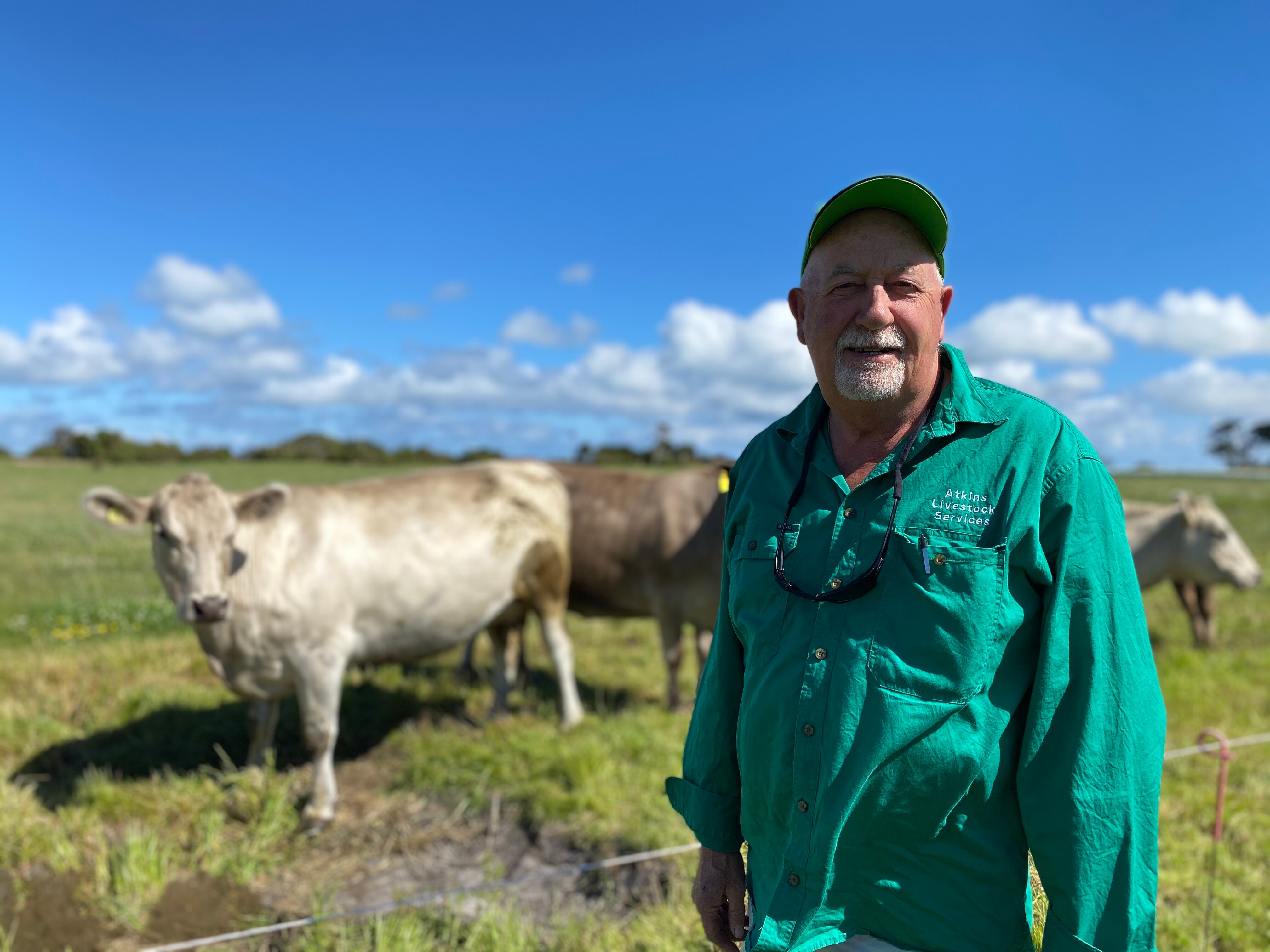 Bernard Atkins stands in a cap and green shirt, in front of silver cows and green pastures