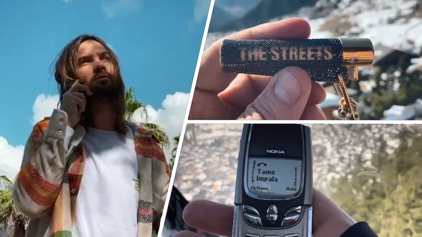 Stills of a video teaser featuring Tame Impala's Kevin Parker, The Streets logo on a lighter and an old mobile phone