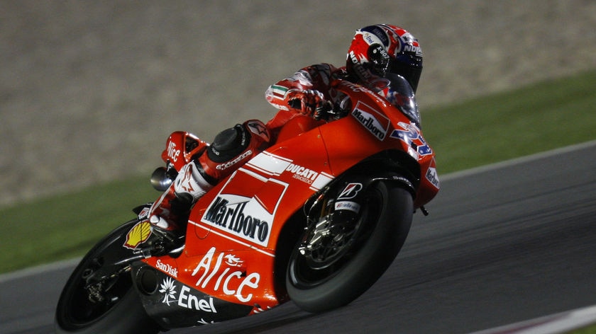 Casey Stoner rounds a corner during free practice at the Qatar GP