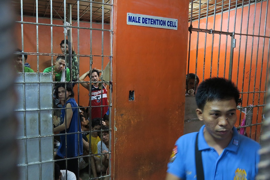 Prisoners inside a crowded prison cell in Quezon City jail, Philippines.