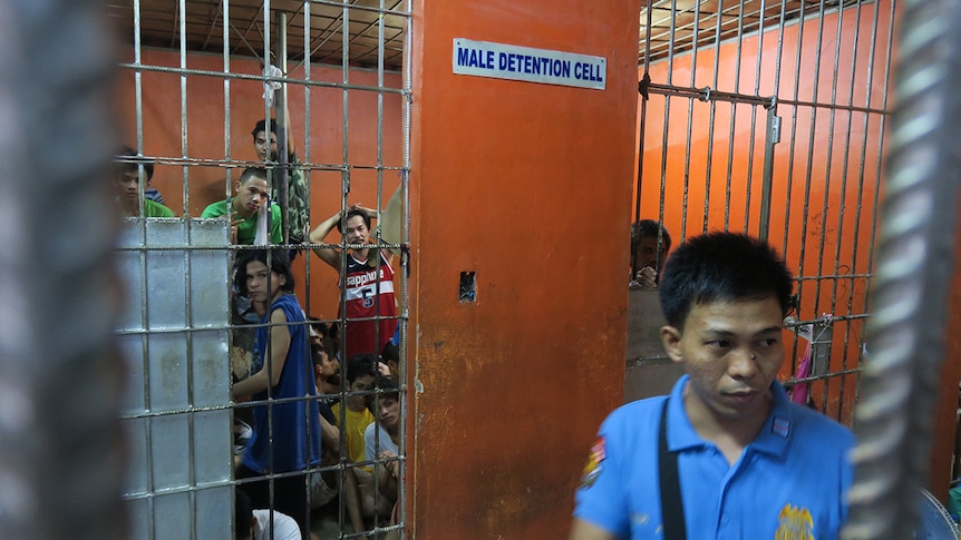 Prisoners inside a crowded prison cell in Quezon City jail, Philippines.