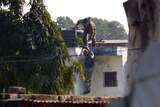 Indian security personnel position themselves on a rooftop