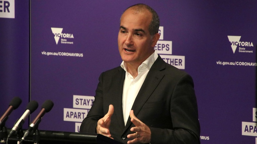 A photo of Victoria's Education Minister James Merlino at a press conference.