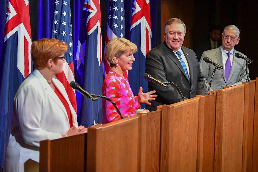 Julie Bishop speaking at AUSMIN with Marise Payne, Mike Pompeo, and James Mattis