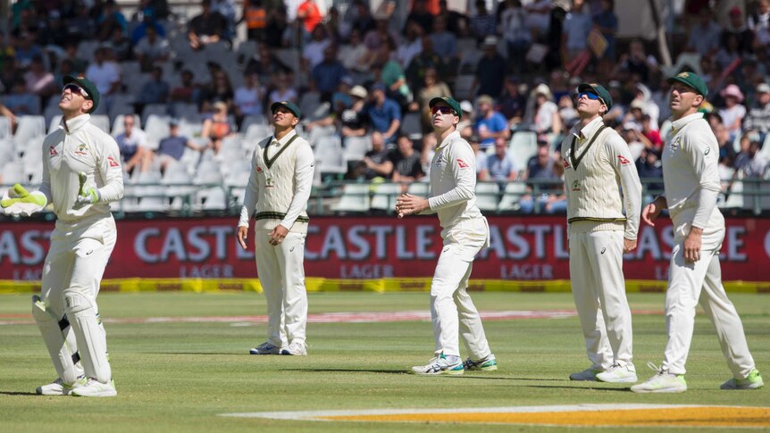 Steve Smith and Australian teammates watch a six fly over their heads