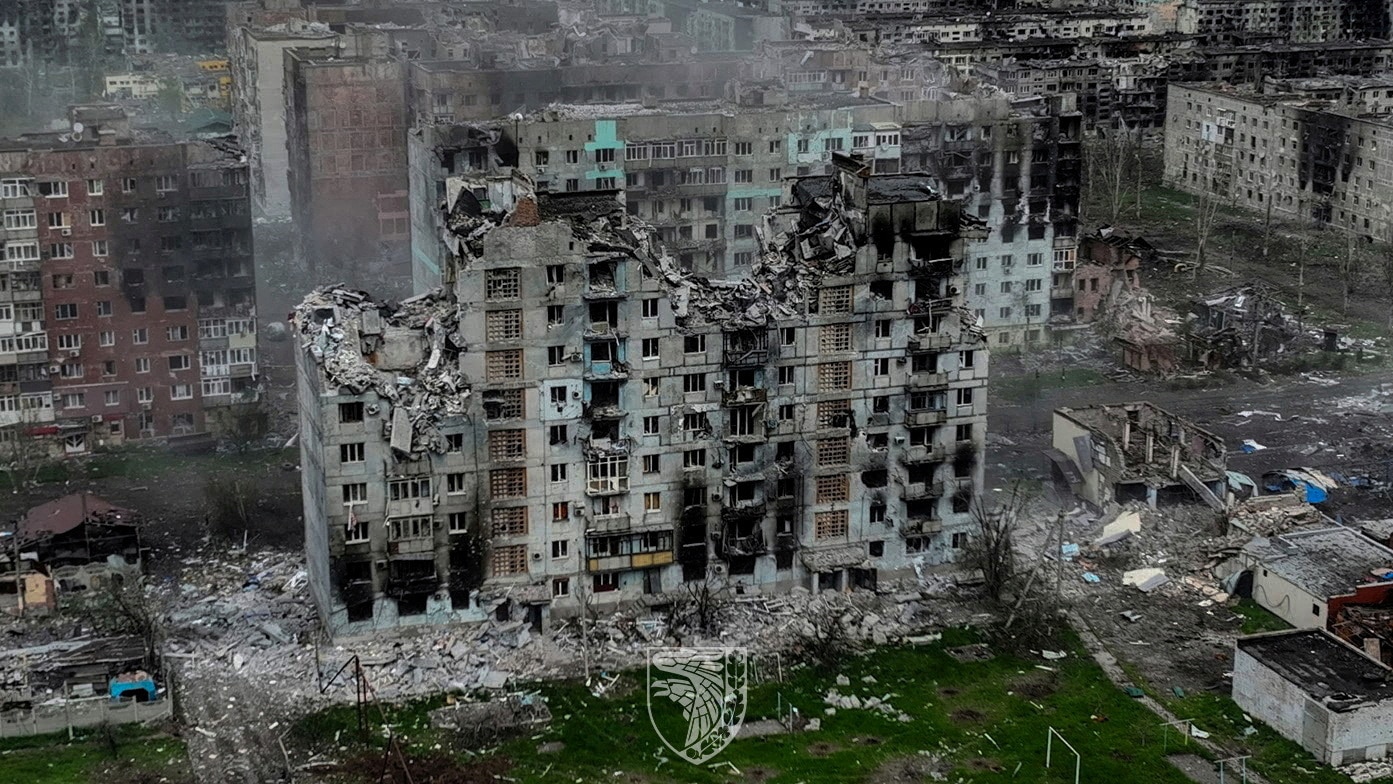 A destroyed building in Ukraine.