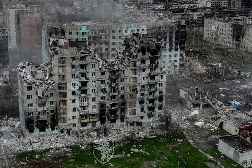 A destroyed building in Ukraine.