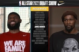 LeBron James and Kevin Durant look at James Harden's name as the last pick in the NBA All Star Draft.