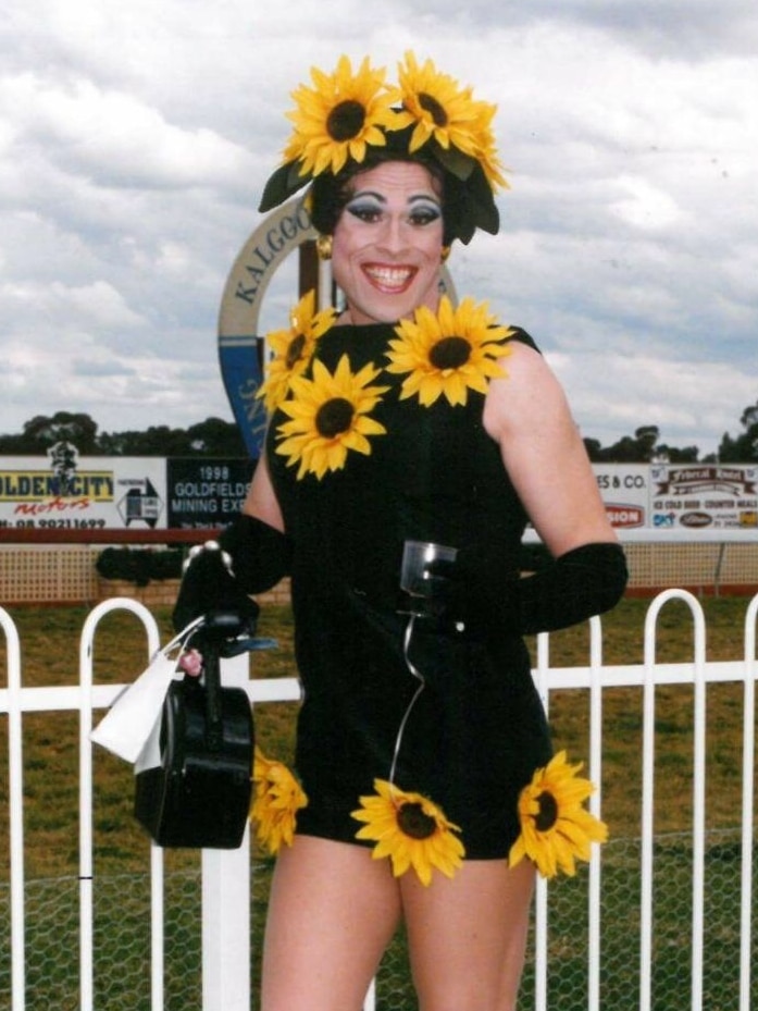 Fanny Cracker wearing a sunflower dress at the Kalgoorlie Cup races.