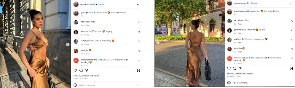 A screenshot of an instagram post showing a girl in a brown dress. 