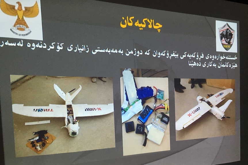 Photos of a dismantled drone on a powerpoint slide