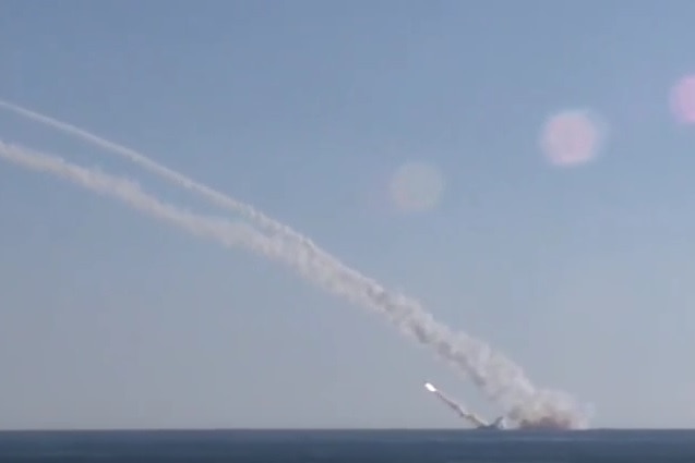 A video grab purportedly showing a Russian submarine launching missiles in the Mediterranean Sea