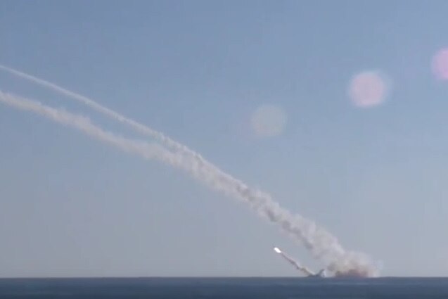 A video grab purportedly showing a Russian submarine launching missiles in the Mediterranean Sea