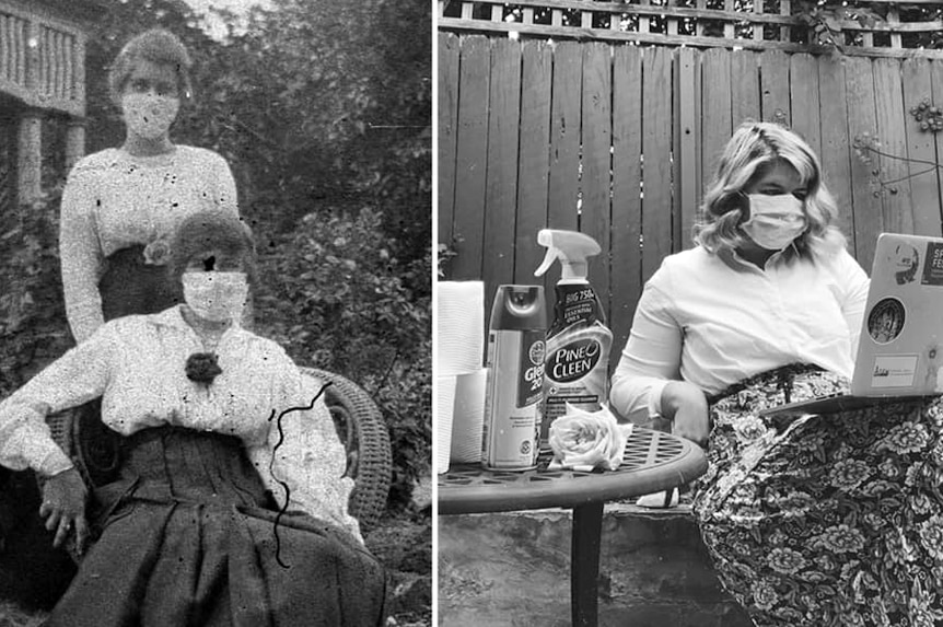 Composite image of photo recreation of women wearing face masks.