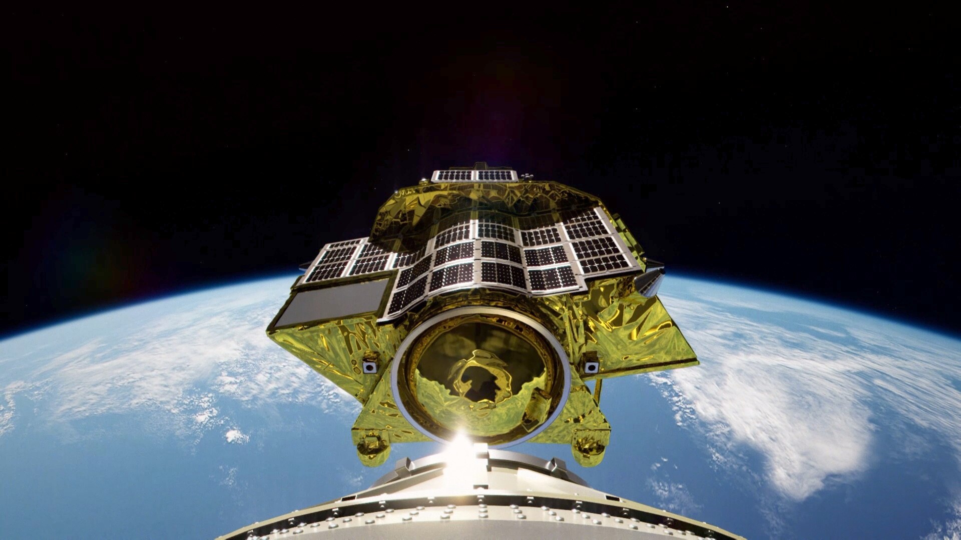 A computer generated image of the SLIM spacecraft separating from a rocket