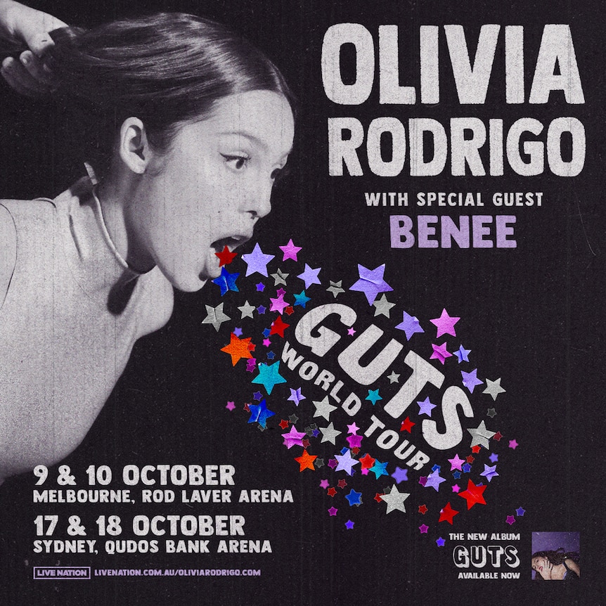 Black and white poster for Olivia Rodrigo's Australian leg of the guts tour with a photo of her vomiting colourful stars