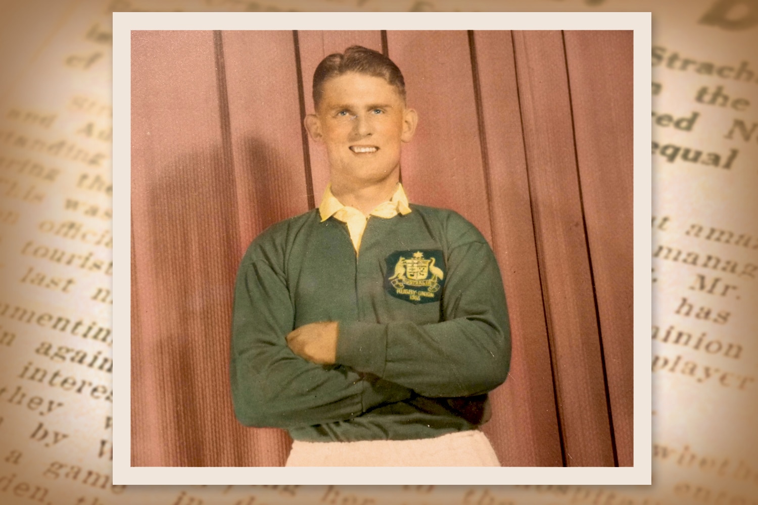 An old photograph of a young man in Wallabies jersey