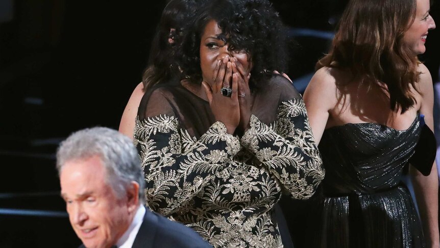 Joi McMillon of film Moonlight looks shocked during the Best Picture announcement at the Oscars.
