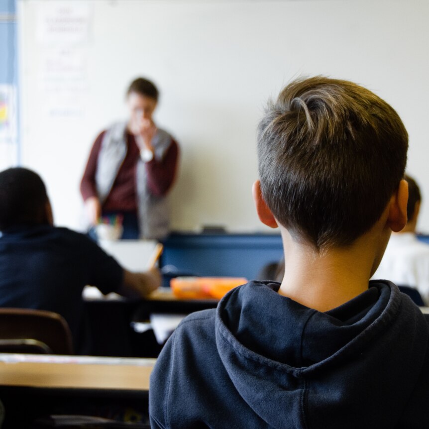 The back of a young boy's head, looking toward a teacher at the front of a classroom.
