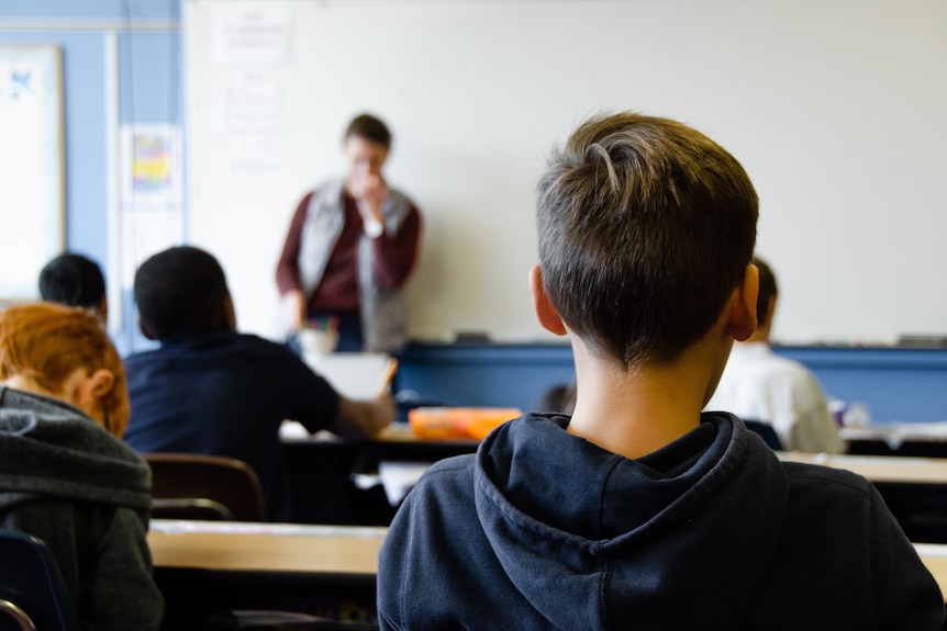 The back of a young boy's head, looking toward a teacher at the front of a classroom.