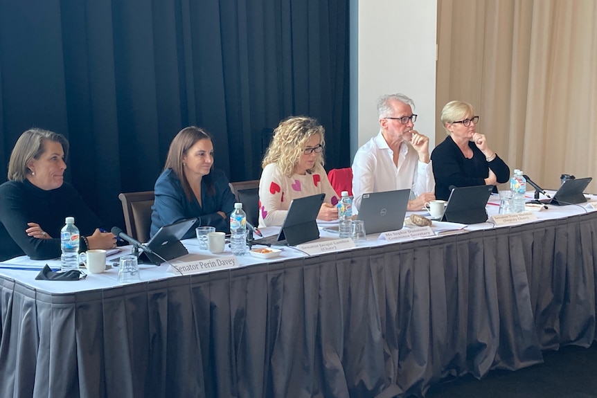 Four women and a man sitting at a long table with microphones and laptops