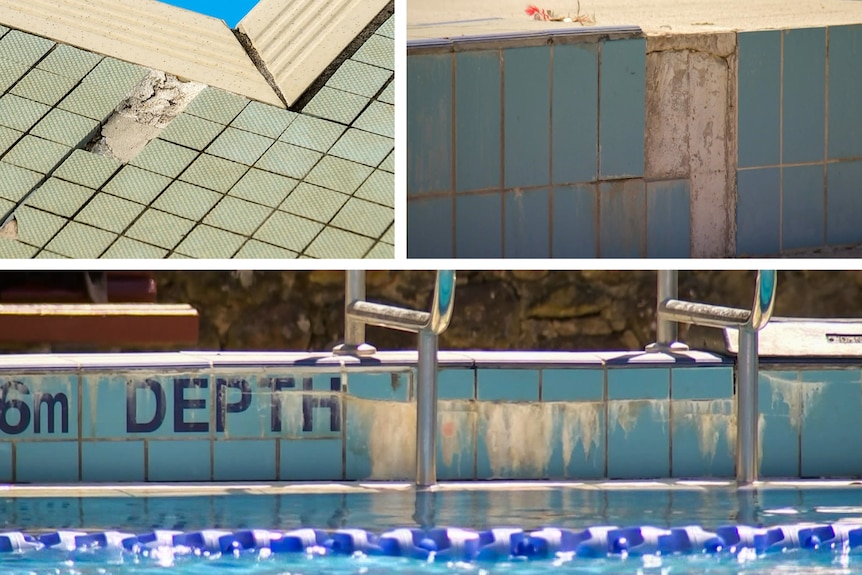 Three photos showing pools with missing tiles and concrete cancer.