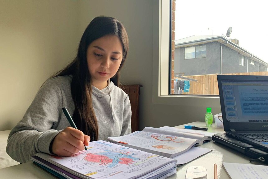 Laila Yaqoobi sits at her desk with her nursing textbook and notes.