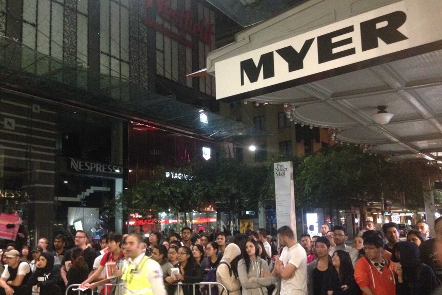 Eager shoppers lined up outside Myer's Pitt Street store before the doors opened this morning.
