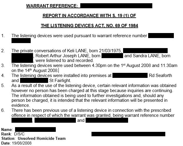 An image of a redacted warrant reference for the use of listening devices