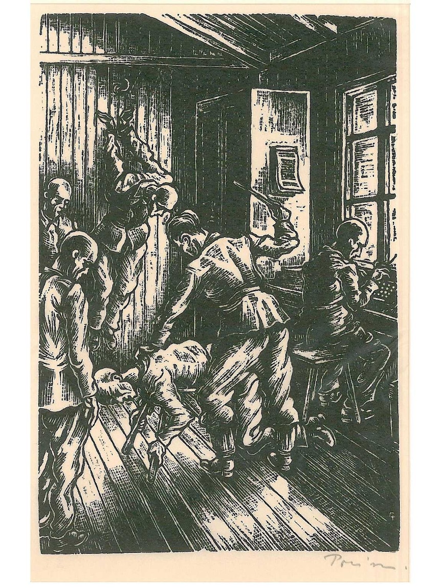 A woodcut by Walter Preisser of a Jewish prisoners being beaten in a concentration camp