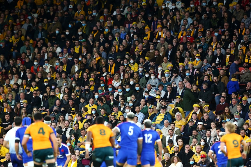 The Wallabies play France with the crowd in the background during a 2021 Test.