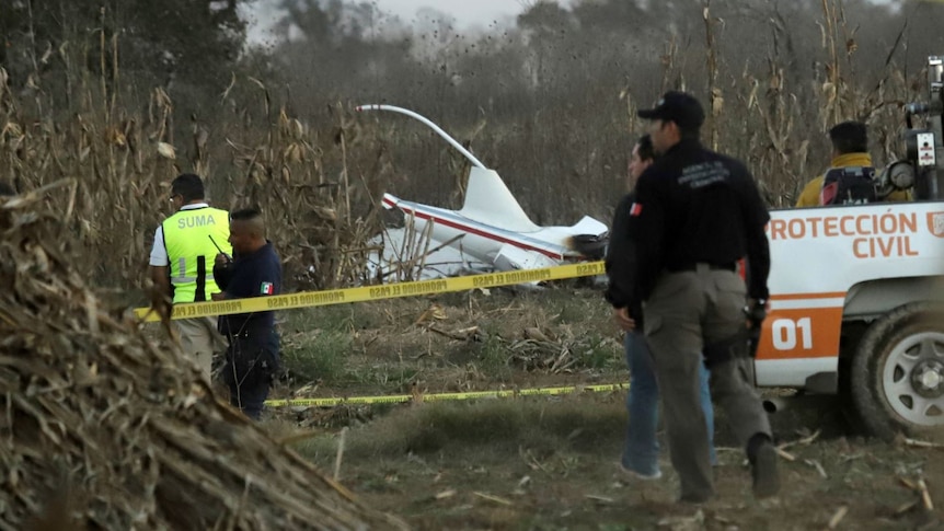 The wreck of a white helicopter lays in a paddock, with police tape blocking the site.