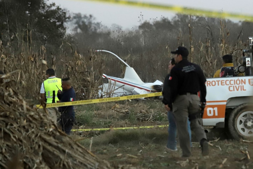 The wreck of a white helicopter lays in a paddock, with police tape blocking the site.