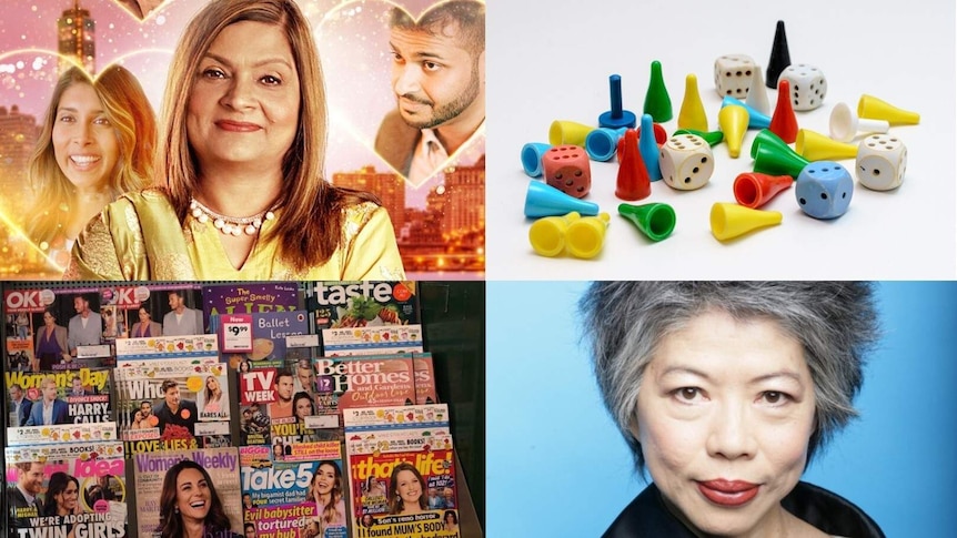 Composite image of Sima Taparia, dice and game counters, a rack of magazines and Lee Lin Chin.