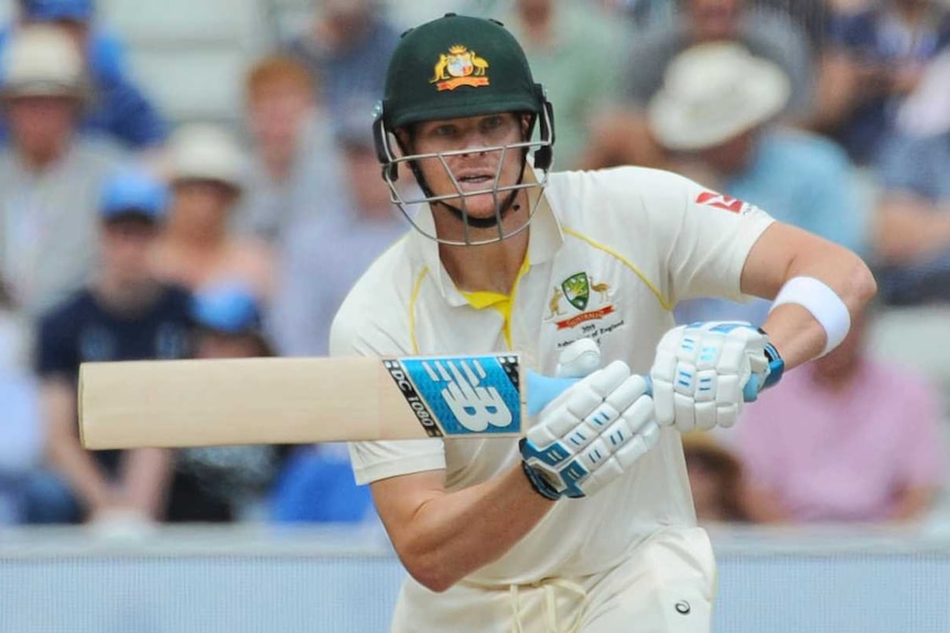 Australia batsman Steve Smith watches the ball go away from his bat during an Ashes Test.