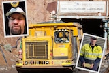 Two insets of a mine worker who died at a gold mine on top of a mining truck image. 