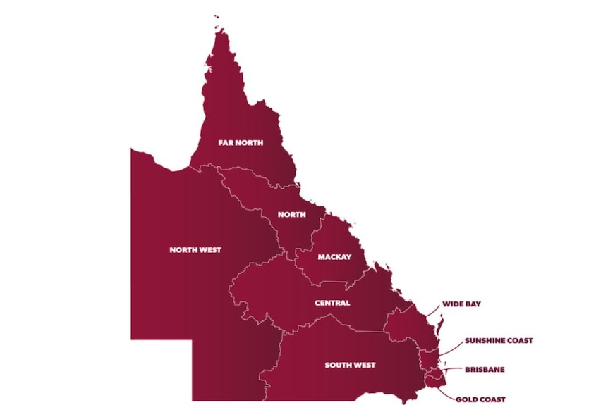An graphic showing a maroon map of Queensland with the state divided into football zones