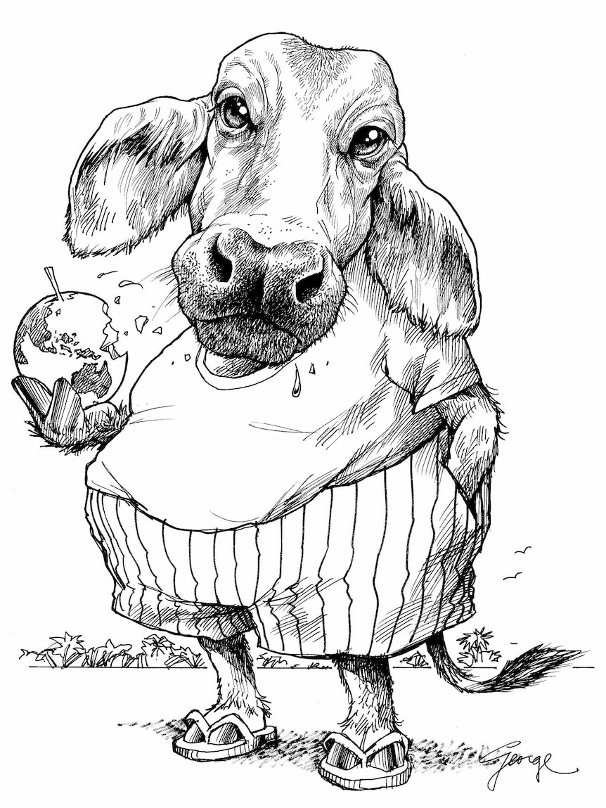 Cartoon of a cow eating the globe by George Aldridge