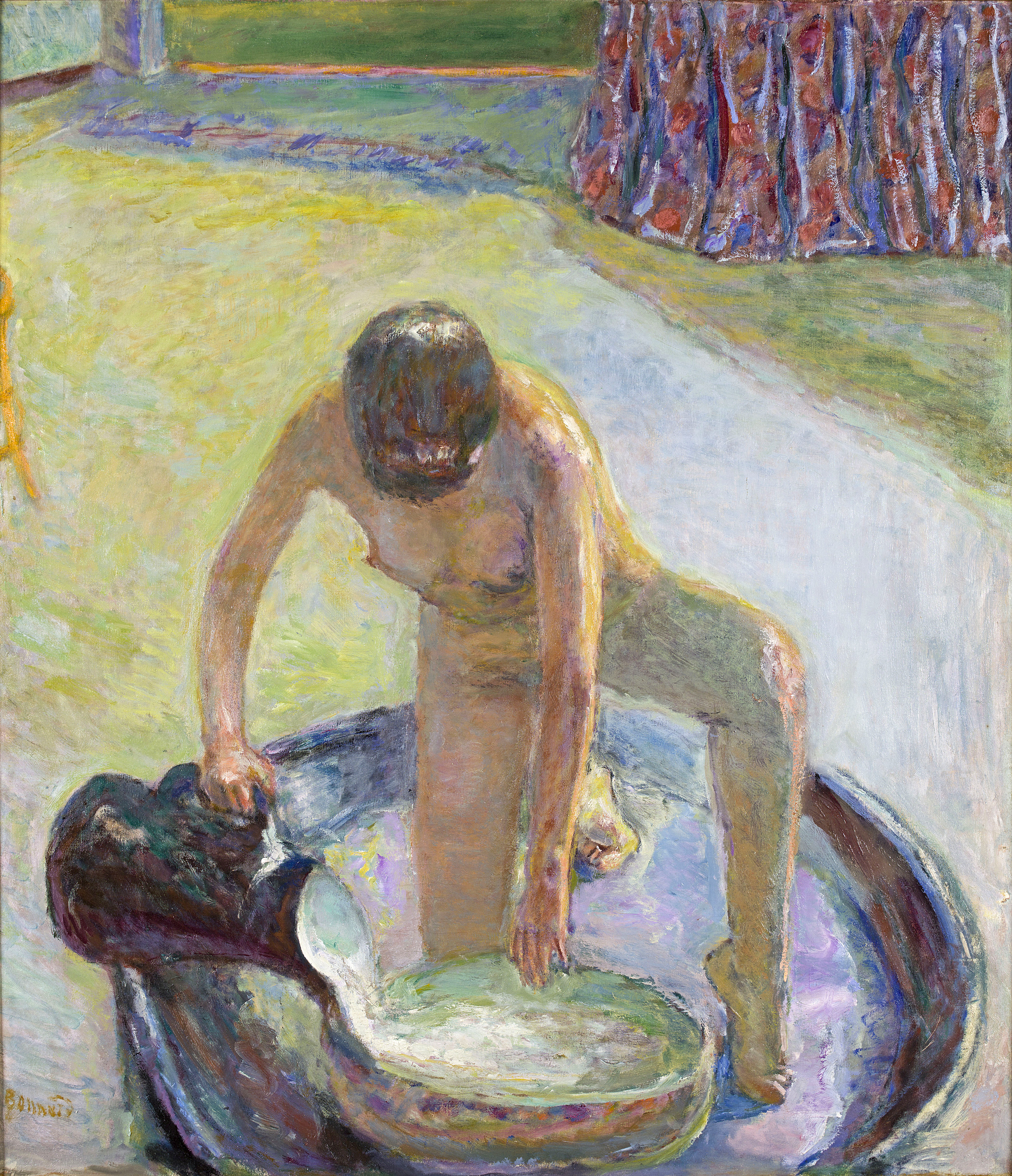 An oil painting of a naked woman getting out of a blue bathtub.