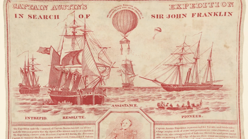 a vintage poster in red ink on linen proclaims the search for John Franklin